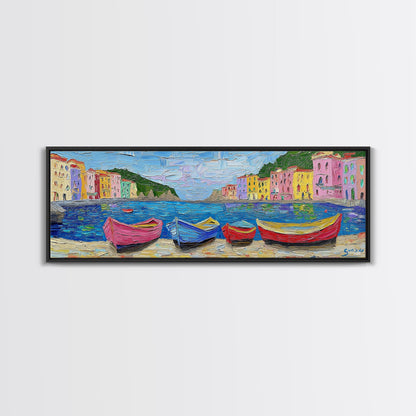 Pastel Row Boats in an Italian Fishing Village, Framed Canvas Print, Original Artwork, Retro Italy Painting, Impasto Style Print