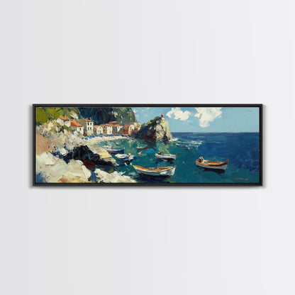 Italian Fishing Village, Vintage Style Canvas Print, Wood Framed Panoramic Wall Art, Italy Vacation Gift, Travel Gift Idea, Impressonist Seascape