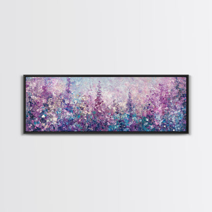 Purple Flower Painting, Lavender and Lilacs, Framed Canvas Print, Boho Style Panoramic Painting Wall Art, Purple and Blue Flowers