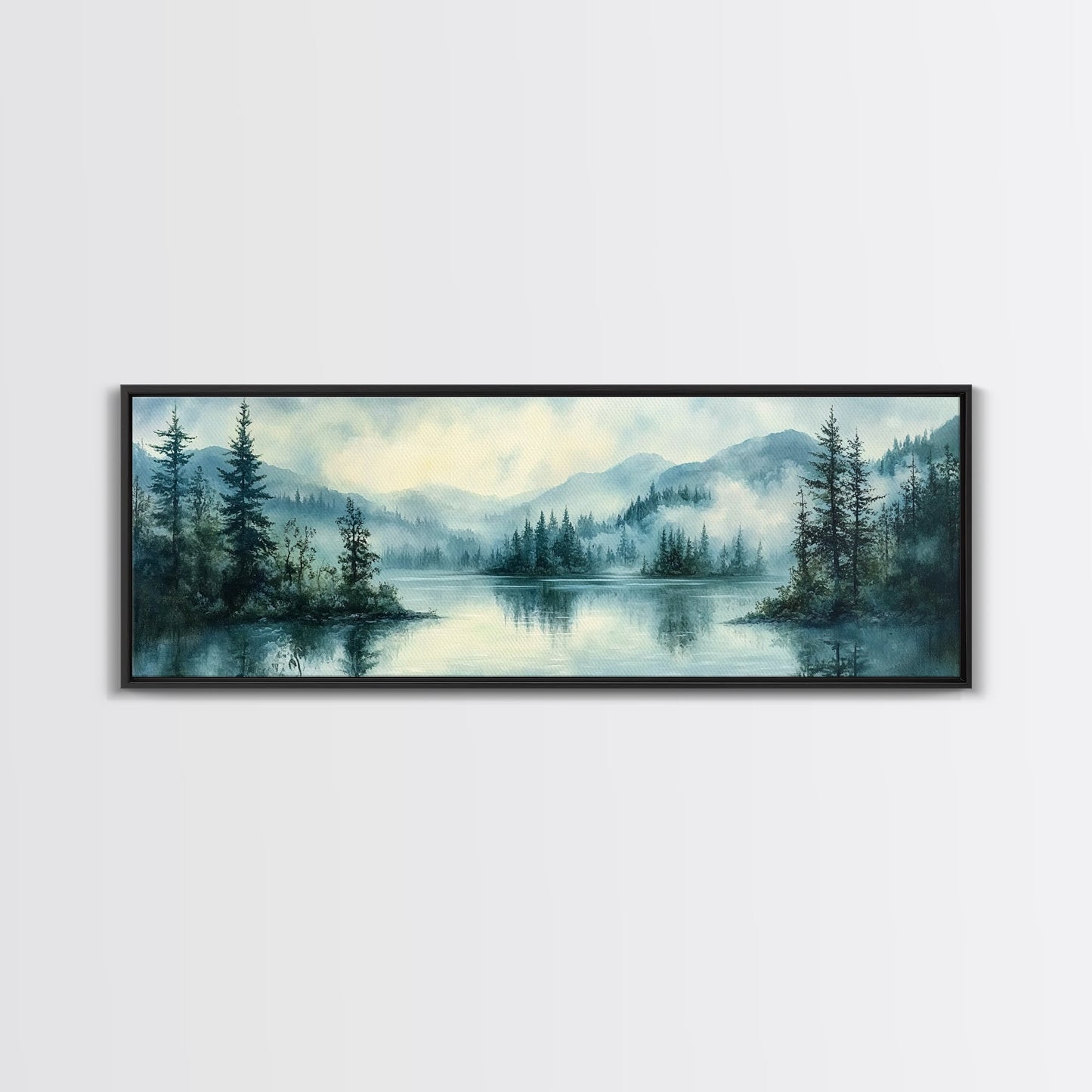 Fog Over The Lake Panoramic Painting Print - Rustic Decor - Panoramic Ultra Wide Wall Art For Above Bed or Sofa - Moody Decor