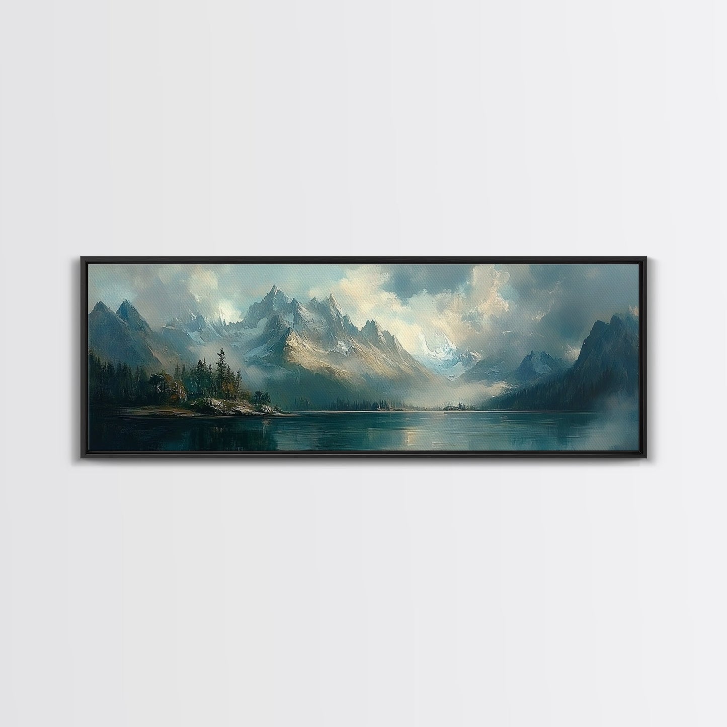 Moody Landscape Painting Print, Overcast Stormy Day In The Mountains, Thought Provoking Wall Art, Oversized Panoramic Ultra Wide Art