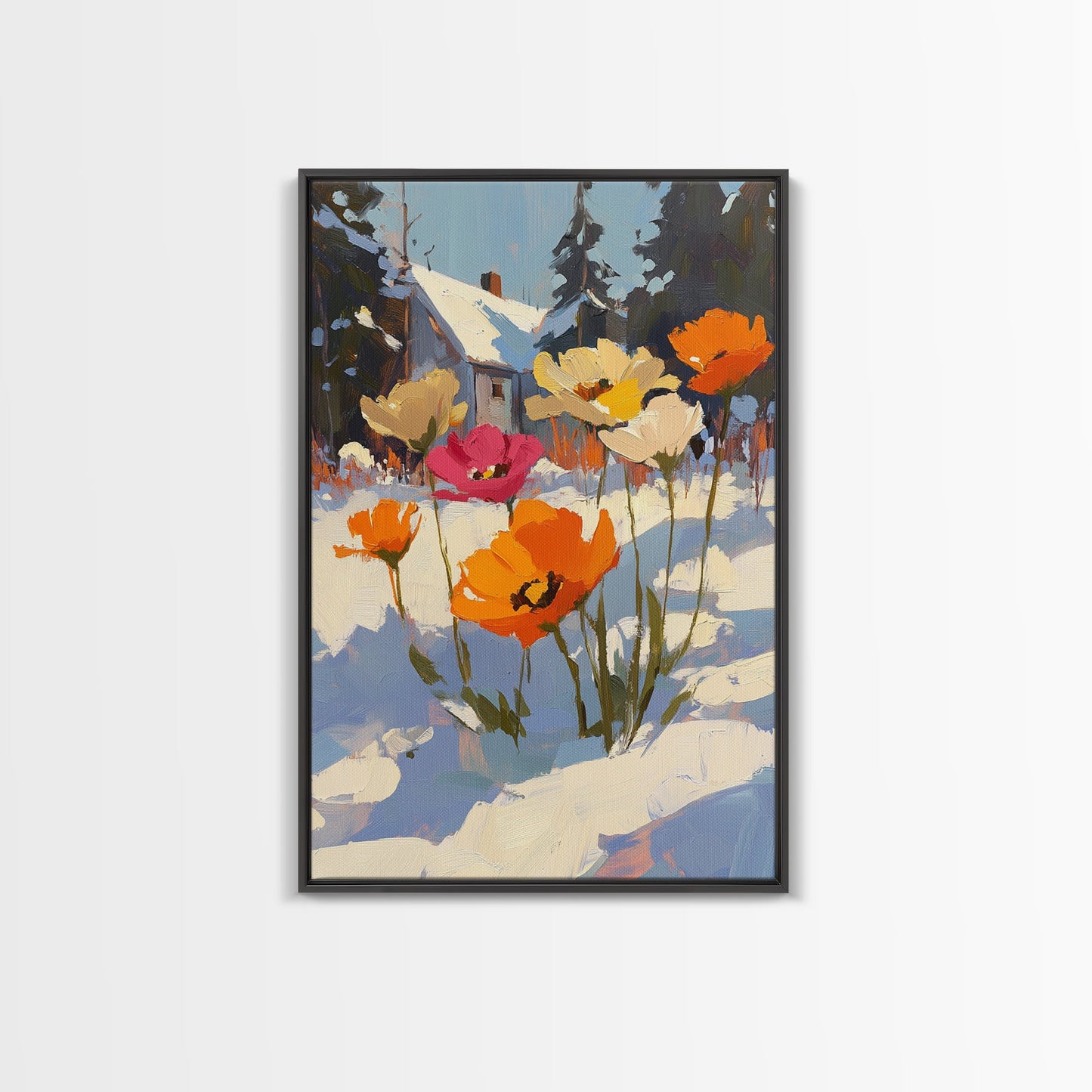 Wild Flowers In The Snow, Framed Canvas Print, Original Floral Painting Print, Modern Wall Art, Modern Custom Art, Winter Art