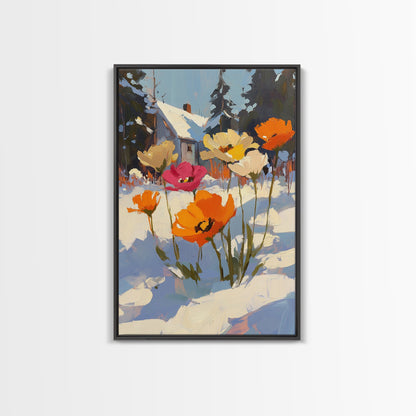 Wild Flowers In The Snow, Framed Canvas Print, Original Floral Painting Print, Modern Wall Art, Modern Custom Art, Winter Art