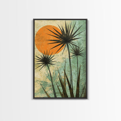 Abstract Palm Trees at Sunset, Framed Canvas Print, MCM Style Wall Art