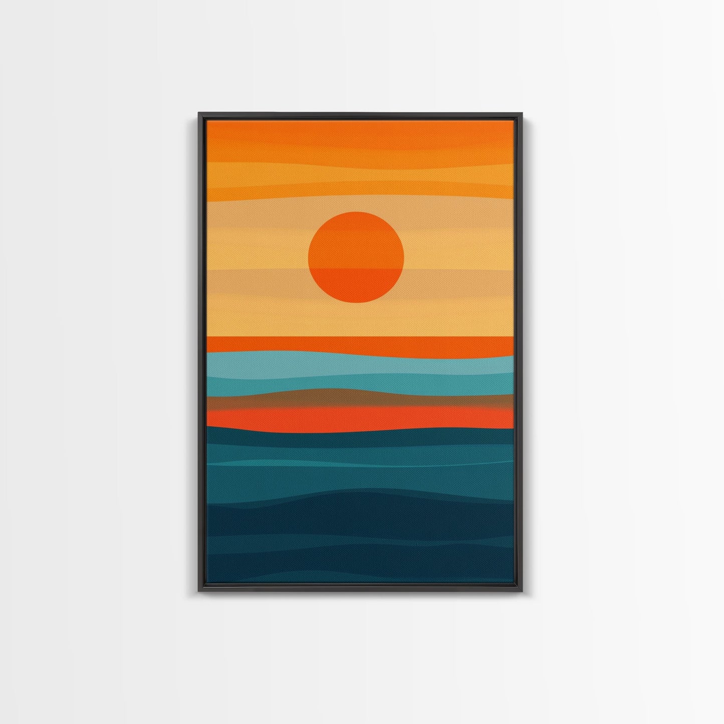 Sunset Over The Ocean Minimalist Print, Vertical Sea Sun Framed Canvas, Waves Line Art, Blue and Orange Sunset Beach House Painting