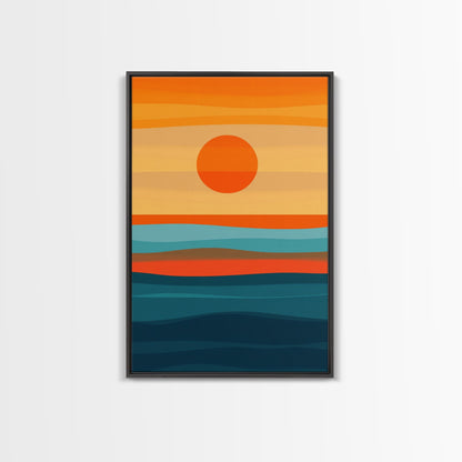 Sunset Over The Ocean Minimalist Print, Vertical Sea Sun Framed Canvas, Waves Line Art, Blue and Orange Sunset Beach House Painting