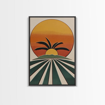 Palm Tree Sunset, Wood Framed Wall Art, Canvas Print, Boho Home Decor, Retro Style Modern Art