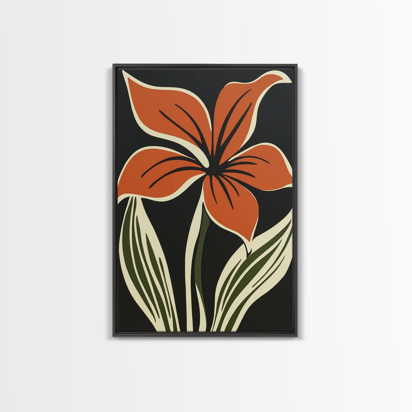 Orange Flower on Black Background, MCM Style Art, Framed Canvas Print