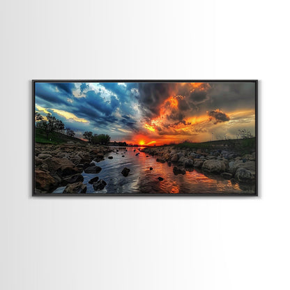 Sunset Over A Rocky River, Framed Canvas Print, Landscape Photography Style Wall Art, Beautiful Home Decor