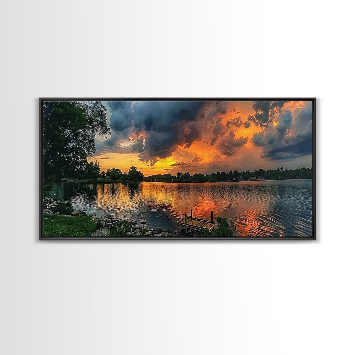 Sunset On The Lake Framed Canvas Print, Lakehouse Decor, Rustic Modern Farmhouse Wall Art, Photography Style Landscape Art