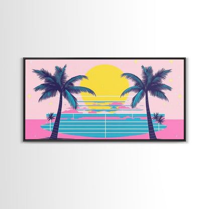 Retro Synthwave Wall Art, Outrun Home Decor Framed Canvas Print, Two Palm Trees and a Sunset