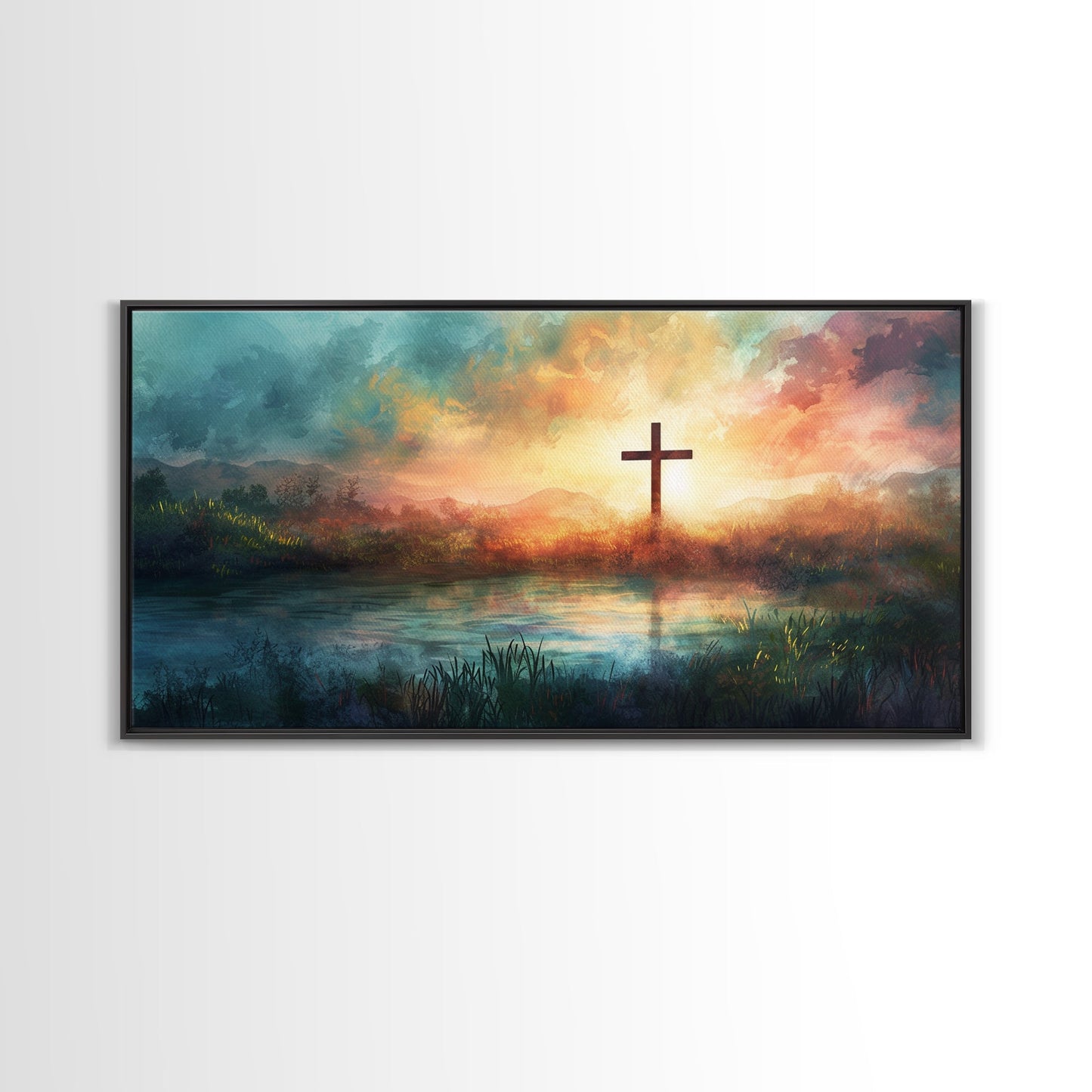 Christian Wall Art Landscape Painting Canvas Print, Beautiful Cross and Sunset, Christianity Home Decor