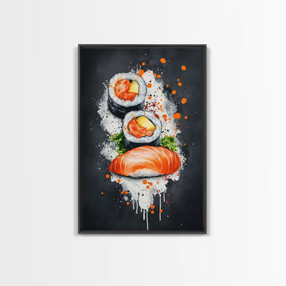 Abstract Oil Painting Canvas Print of Sushi on Black background, Food Review Kitchen Art, Kitchen Decor, Wabi Sabi Wall Art, Sushi Painting