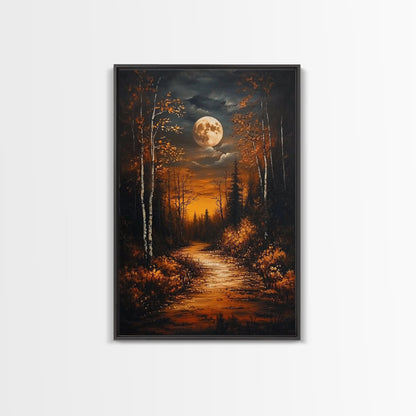 Full Moon Over The Haunted Forest, Framed Canvas Print, Wood Framed Wall Art, Dark Academia Witchy Decor, Moody Home Decor