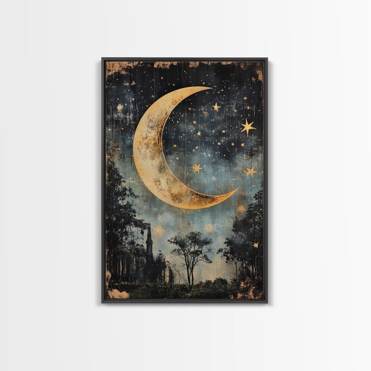 Mystical Moon Painting Print, Folk Art Canvas Print, Eerie Atmospheric Wall Art, Subdued and Moody Home Decor, Crescent Moon Painting