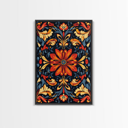 Botanical Floral Tile Pattern Framed Canvas Print, Southwestern Decor, Modern Farmhouse, Pueblo Style Art, Mexicano Chicano Art
