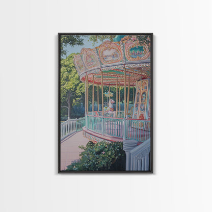 Nursery Decor Framed Canvas Print, Wall Decor for Girl's Room, Carrousel Oil Painting, Oil Painting of a Carrousel