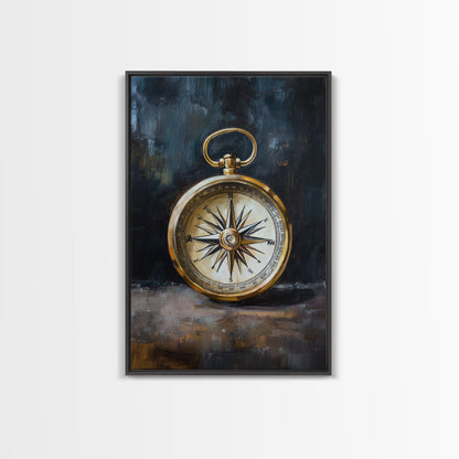 Weathered Compass Wall Art, Nautical Coastal Home Decor Wall Art Framed Canvas Print, Rustic Seaside Accent Piece, Statement Piece, Rustic Decor