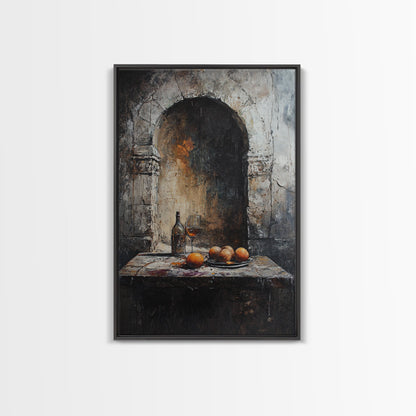 Medieval Kitchen Wall Art, Rustic Home Decor, Framed Canvas Print, Kitchen Home Decor, Dining Room Wall Art, Wine and Fruit Still Life Painting
