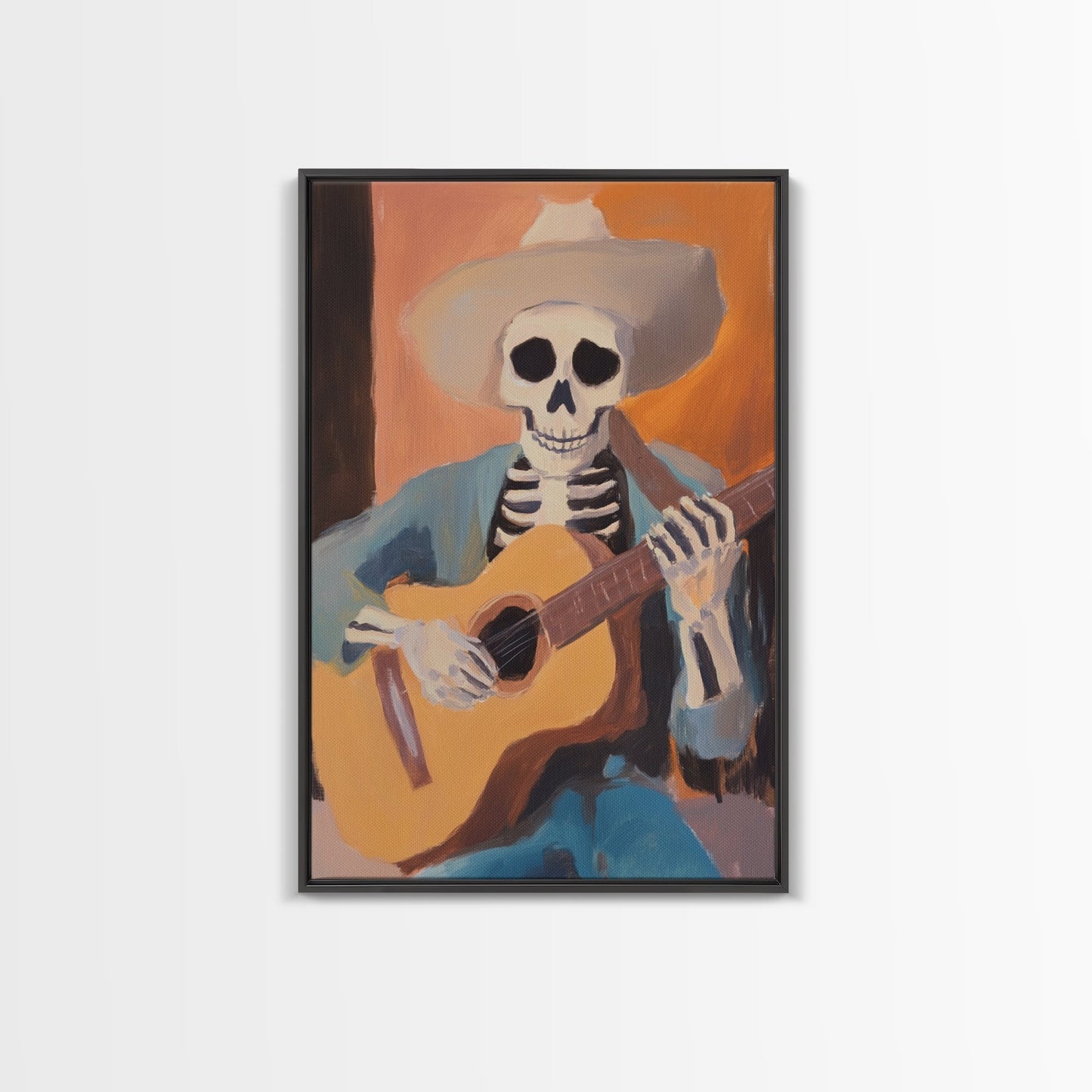 Canvas Print of a Sekelton Cowboy Guitar Player - Chicano Art - Wood Framed Canvas - Original Art