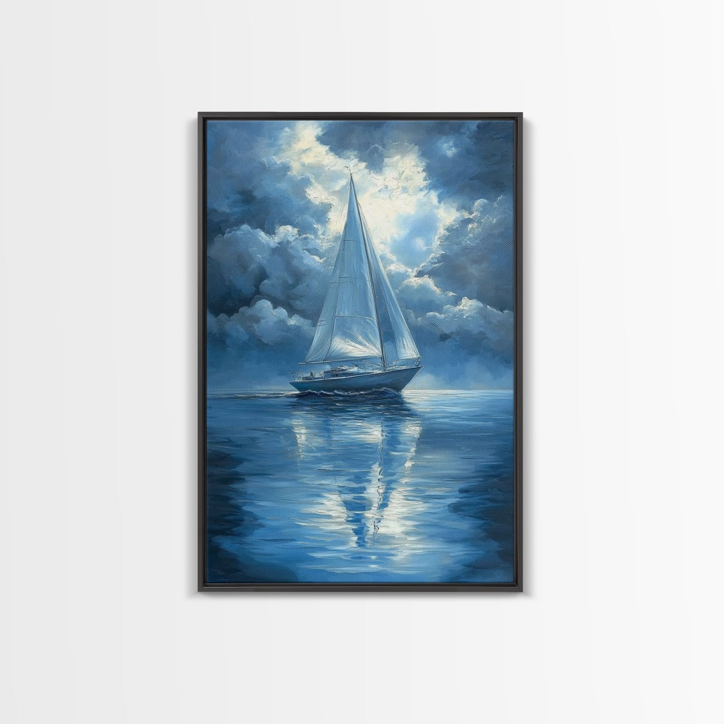 Reflections of a Sail Boat under a Full Moon Framed Canvas Print, Nautical Decor, Sail Boat Oil painting, Sailboat Painting, Nautical Home Decor