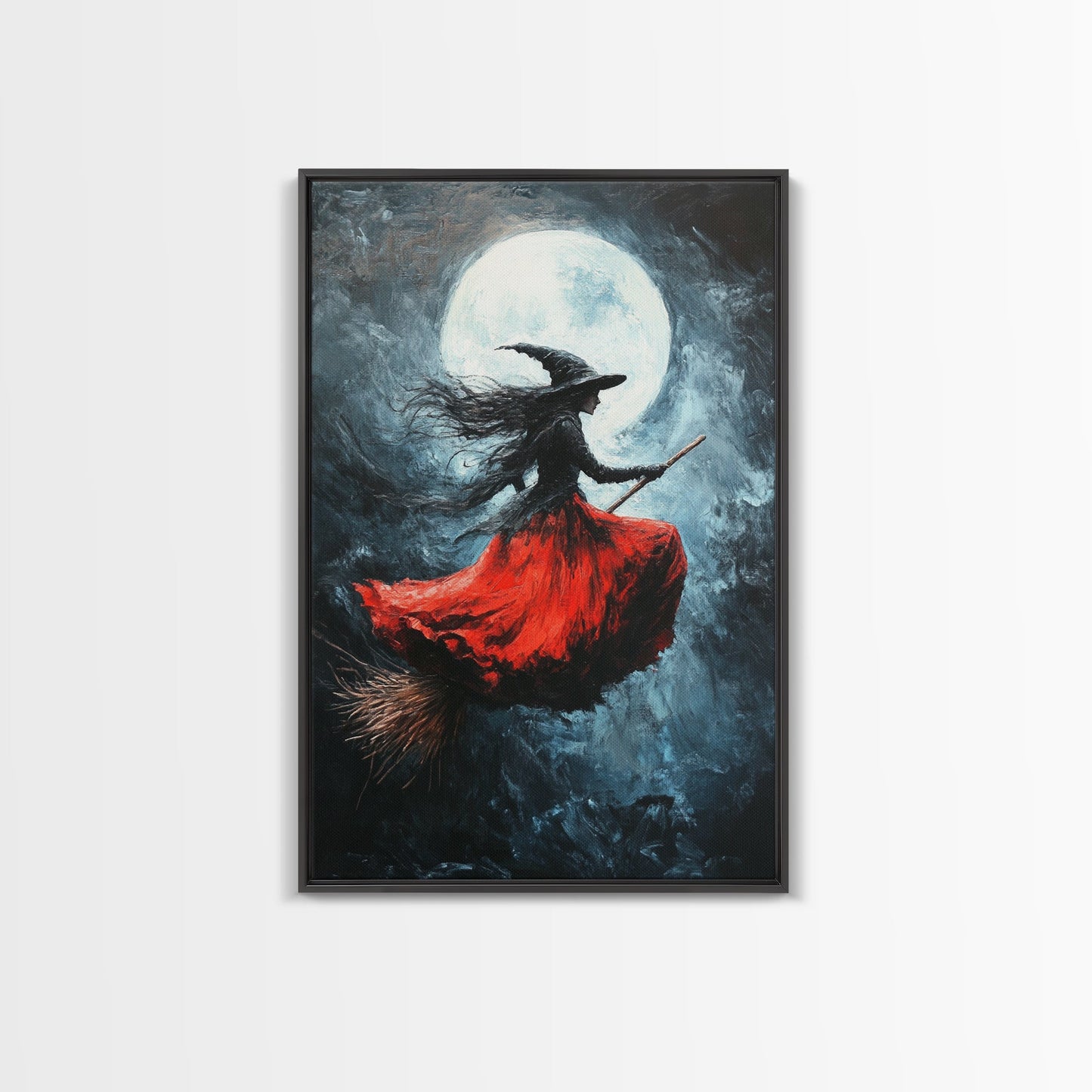 The Witch Rides her Broom under a full moon - Framed Canvas Print - Witchy Decor - Witch Painting - Halloween Wall Art