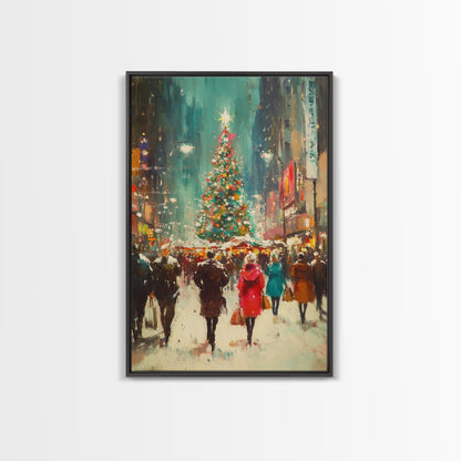 Christmas on The Town Square Framed Canvas Print, Wood Framed Christmas Decor, Holiday Mantle Art, Christmas Centerpiece Wall Art
