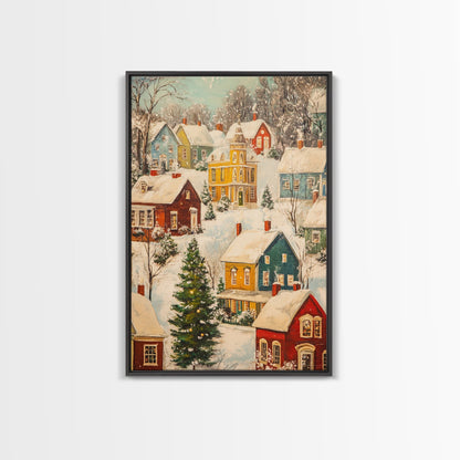 Retro Christmas Village Wall Art For Above Mantle, Framed Canvas Print, Christmas Home Decor, Christmas Wall Art, Christmas Postcard Art