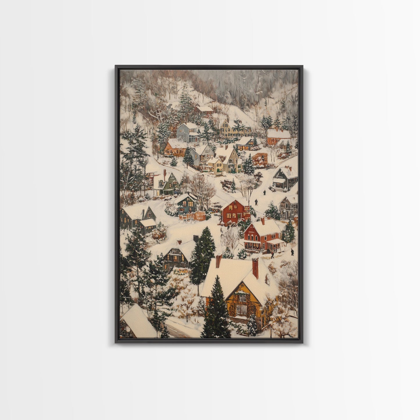 Christmas Village Covered in Snow, Framed Canvas Print, Christmas Oil painting print, Vintage Christmas Art Print, Christmas Wall Art