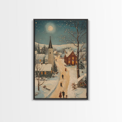 Full Moon on Christmas Even, Framed Canvas Print, Vintage Christmas Oil Painting Print, Christmas Village Wall Art, Christmas Sign, Christmas Art