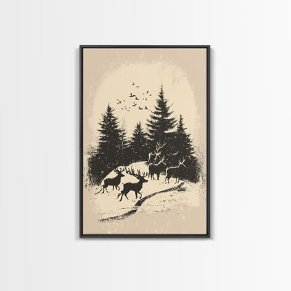 Sketch of Reindeer In The Snow Canvas Print - Framed Canvas - Minimalist Christmas Art - Boho Christmas Art - Rustic Christmas Art
