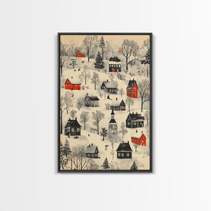 Sketch of a Christmas Village Canvas Print - Framed Canvas - Minimalist Christmas Art - Boho Christmas Art - Rustic Christmas Art