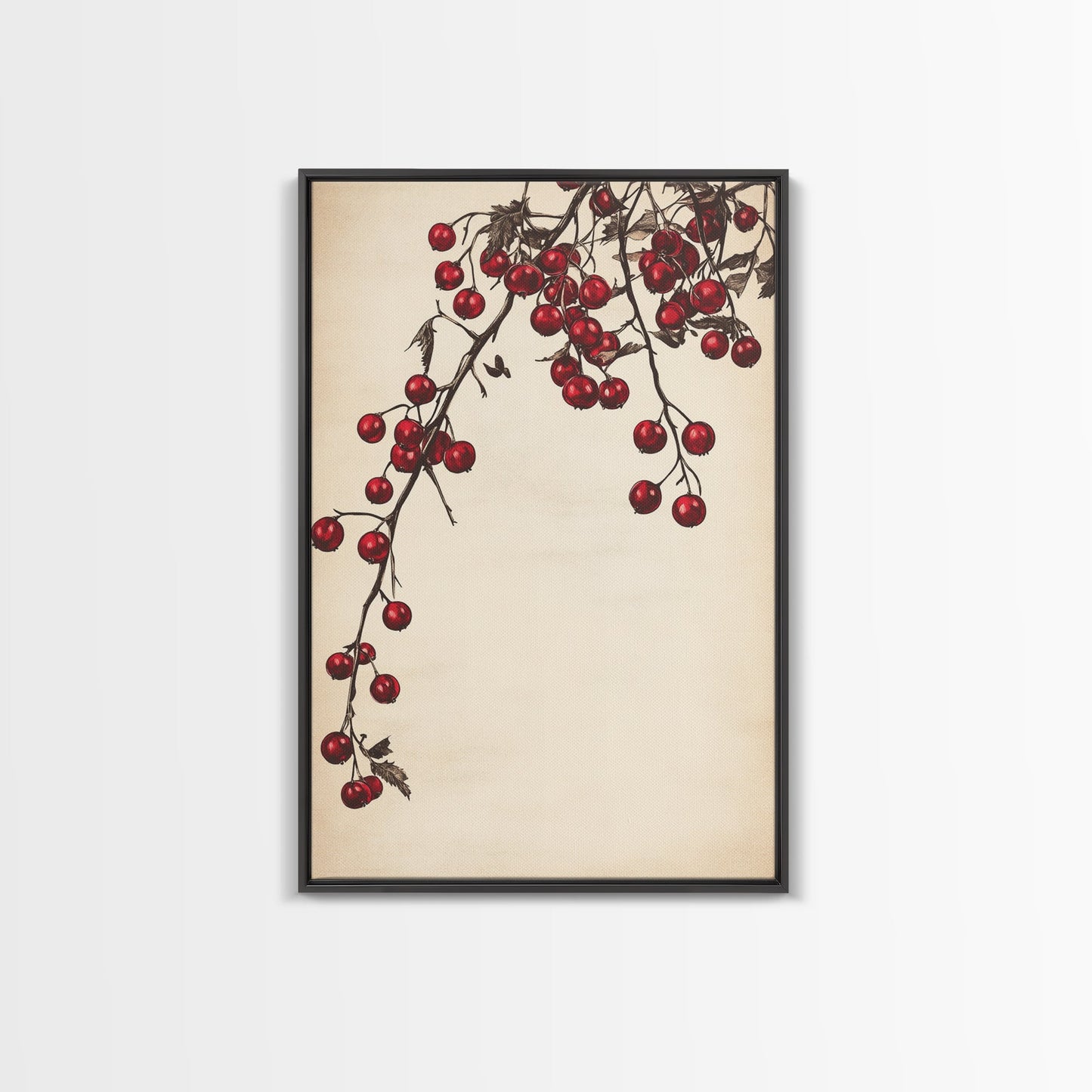 Red Holly Berries Canvas Print - Framed Canvas - Minimalist Christmas Art - Boho Christmas Art - Rustic Christmas Art