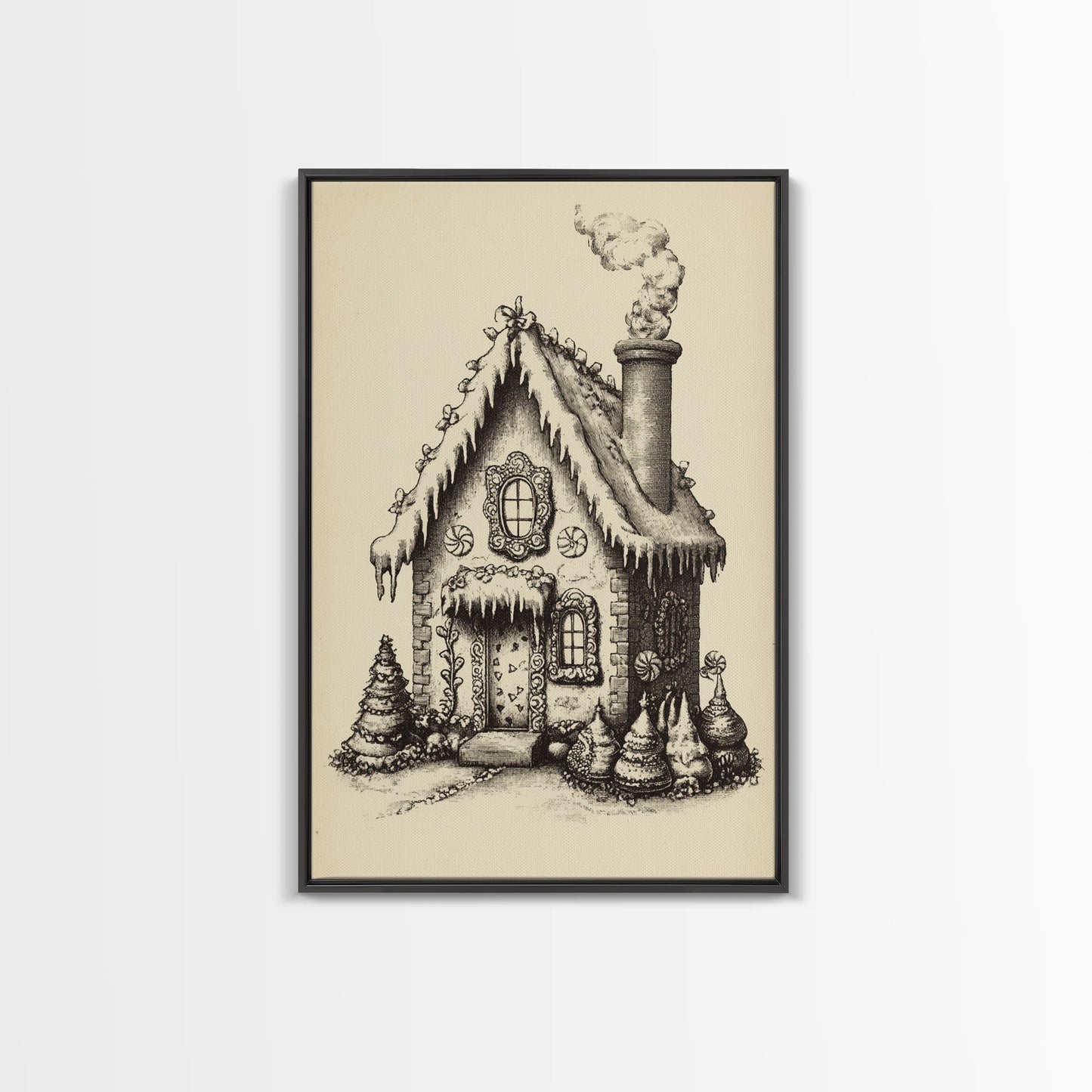 Vintage Gingerbread House Canvas Print - Framed Canvas - Minimalist Christmas Art - Boho Christmas Art - Rustic Christmas Art
