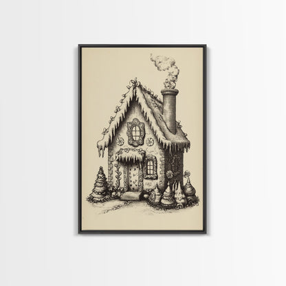 Vintage Gingerbread House Canvas Print - Framed Canvas - Minimalist Christmas Art - Boho Christmas Art - Rustic Christmas Art