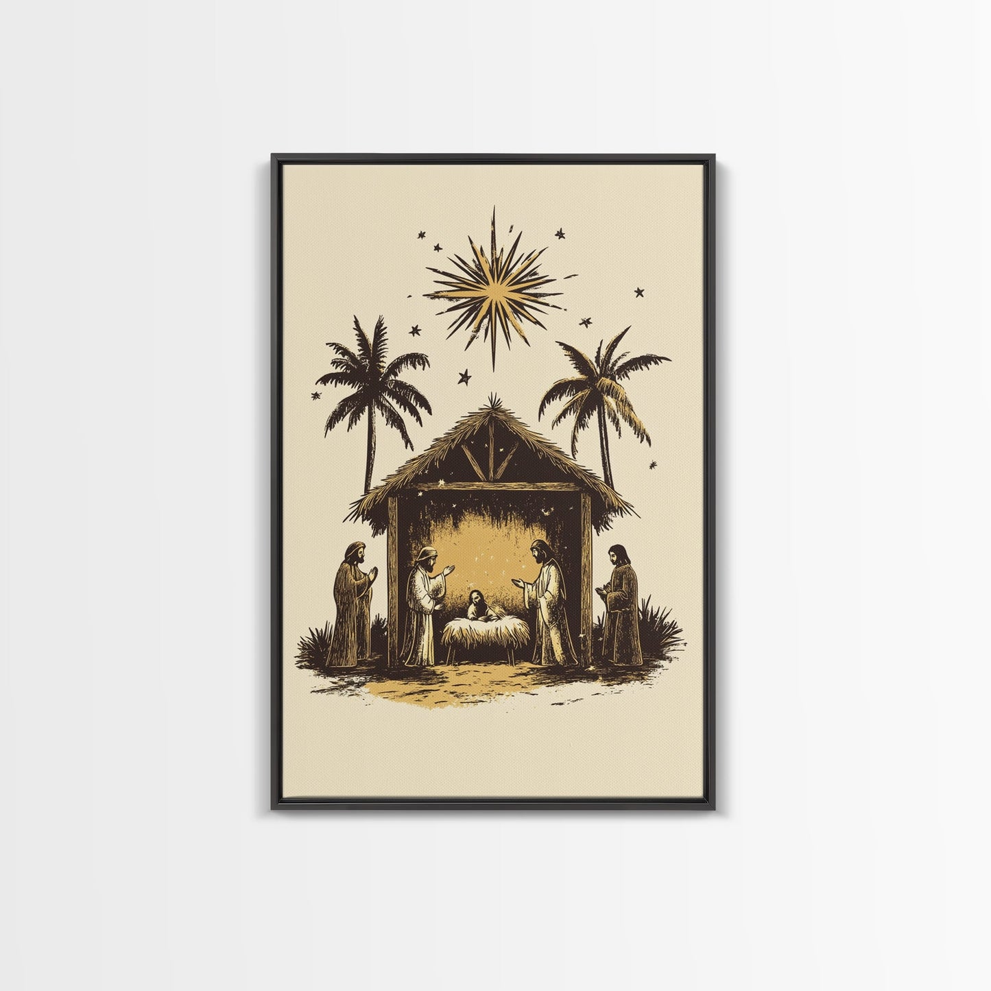 Vintage Nativity Scene Canvas Print - Framed Canvas - Minimalist Christmas Art - Boho Christmas Art - Rustic Christmas Art