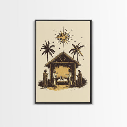 Vintage Nativity Scene Canvas Print - Framed Canvas - Minimalist Christmas Art - Boho Christmas Art - Rustic Christmas Art