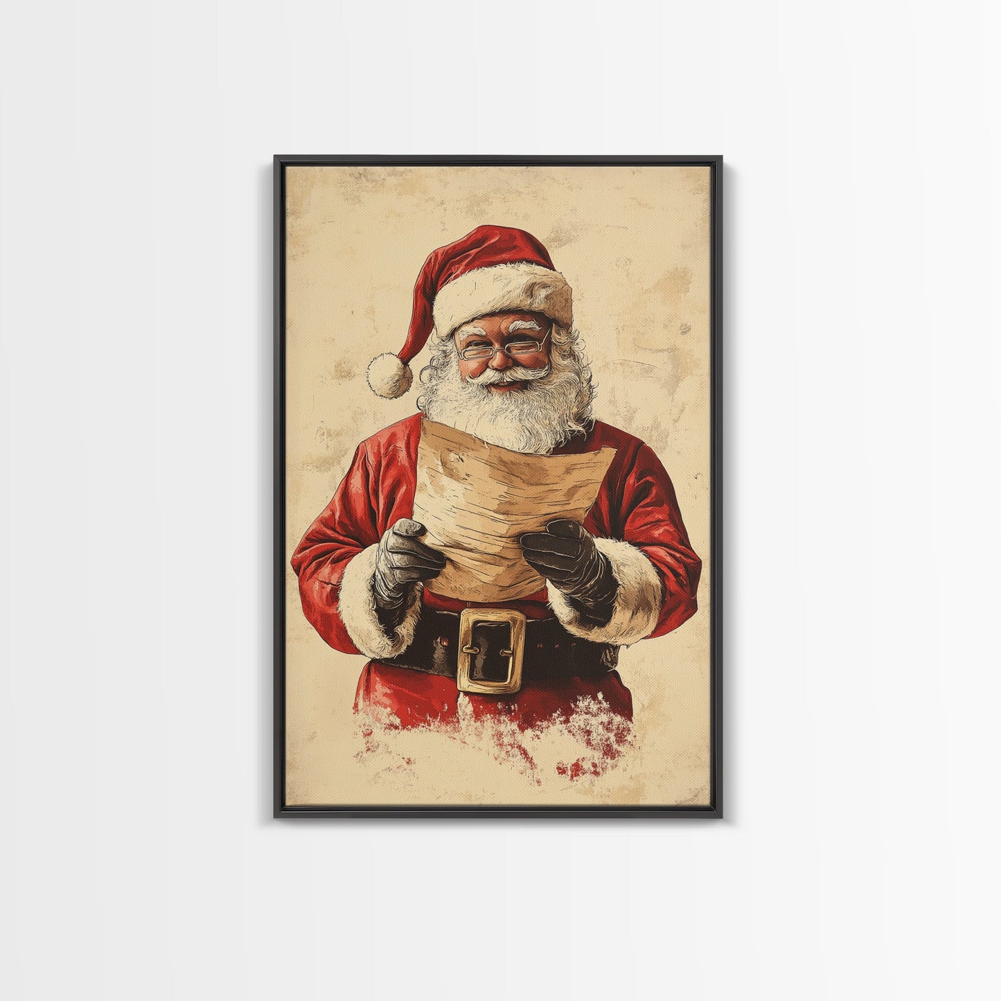 Santa Reading His List Canvas Print - Framed Canvas - Minimalist Christmas Art - Boho Christmas Art - Rustic Christmas Art