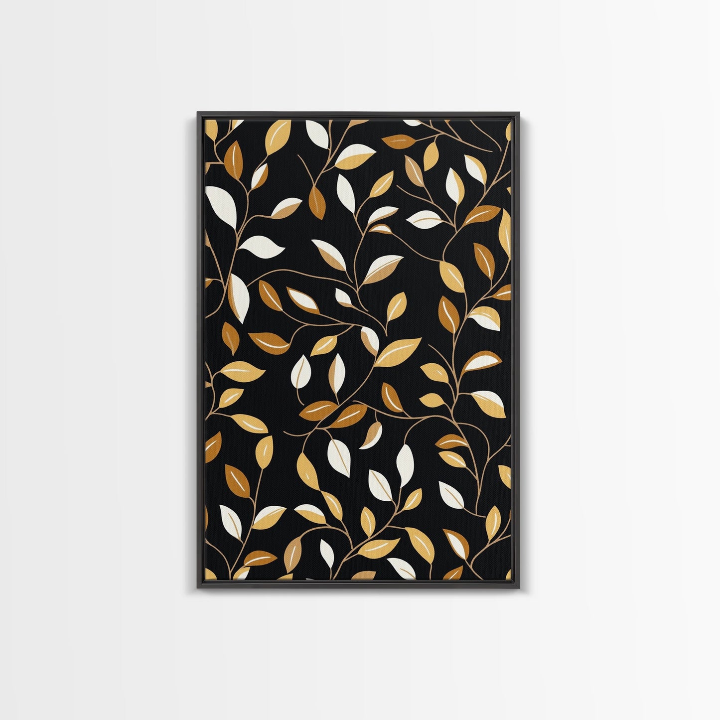 Ivy Leaves Framed Canvas Print, Mid Century Modern Pattern art, Botanical Print, Botanical Wall Art, Black Background