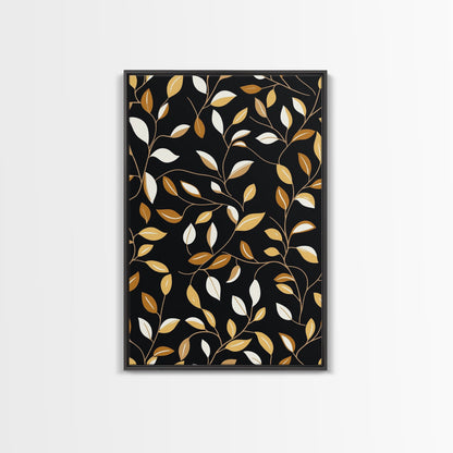 Ivy Leaves Framed Canvas Print, Mid Century Modern Pattern art, Botanical Print, Botanical Wall Art, Black Background