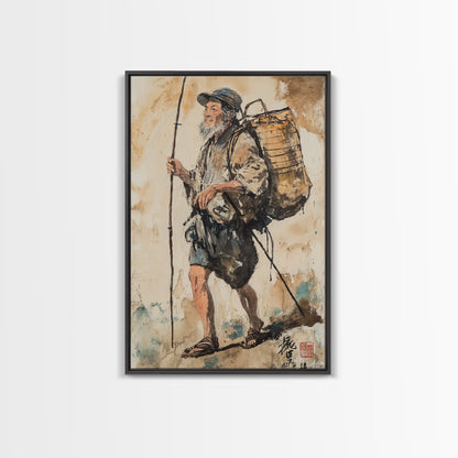 Japanese Fisherman Painting Print, Wabi Sabi Wall Art, Japanese Style Home Decor, Japanese Wood Block Print Style Art