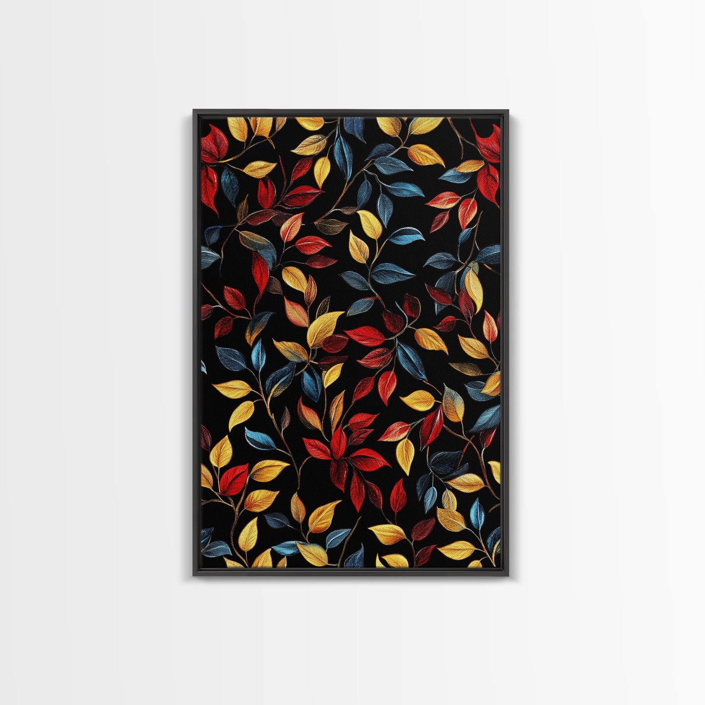 Botanical Fall Leaves Art Print On Canvas with Wood Frame, Black Background, Retro Style Home Decor