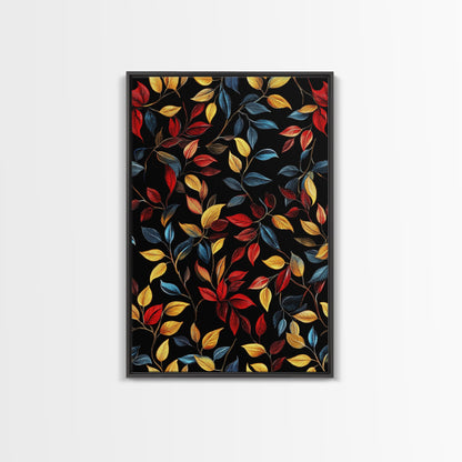 Botanical Fall Leaves Art Print On Canvas with Wood Frame, Black Background, Retro Style Home Decor