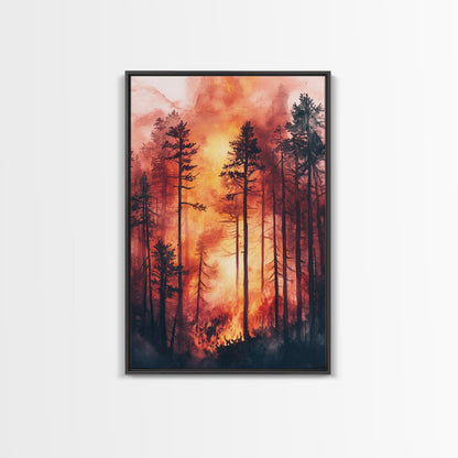 Ready to Hang Watercolor Painting Print of a Forest Fire, Beautiful Wall Art, Forest Fire Natural Disaster Wall Art, California Wall Art