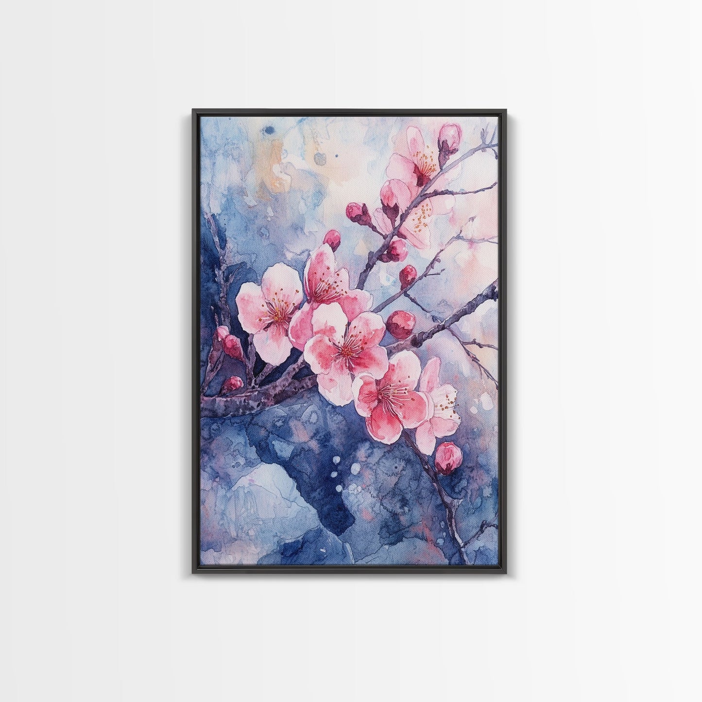 Cherry Blossoms Wall Art, Framed Canvas Print, Ready To Hang, Boho Decor, Minimalist Cherry Blossom Painting, Home Decor Living Room