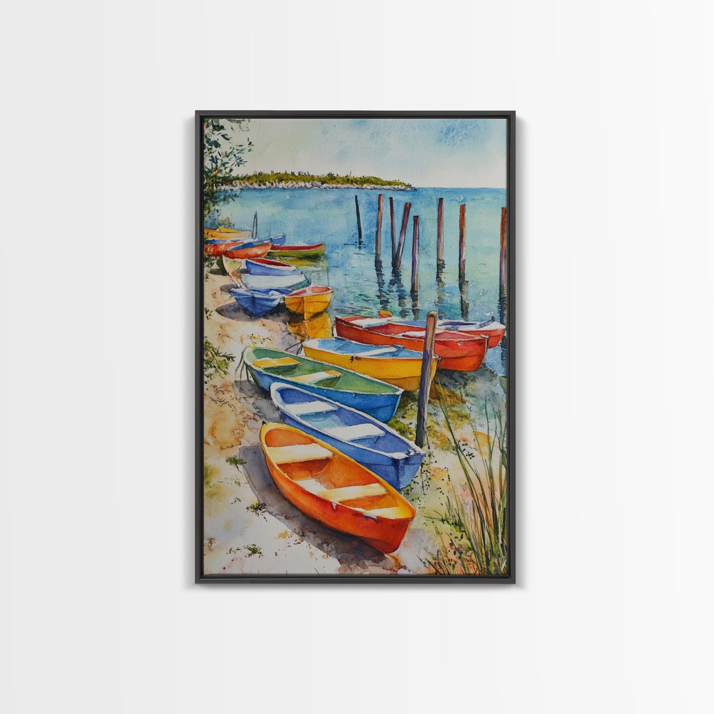 Kayaks On The Ocean Framed Canvas Print, Maine Painting, Coastal Decor, Cute Coastal Wall Art, Preppy Decor, Coastal Landscape Painting