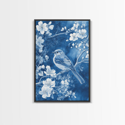 Blue Botanial Wall Art Chinoiserie Wall Art, White Bird, Blue Chinoiserie Home Decor, Botanical Print, Bird Painting, Ready To Hang
