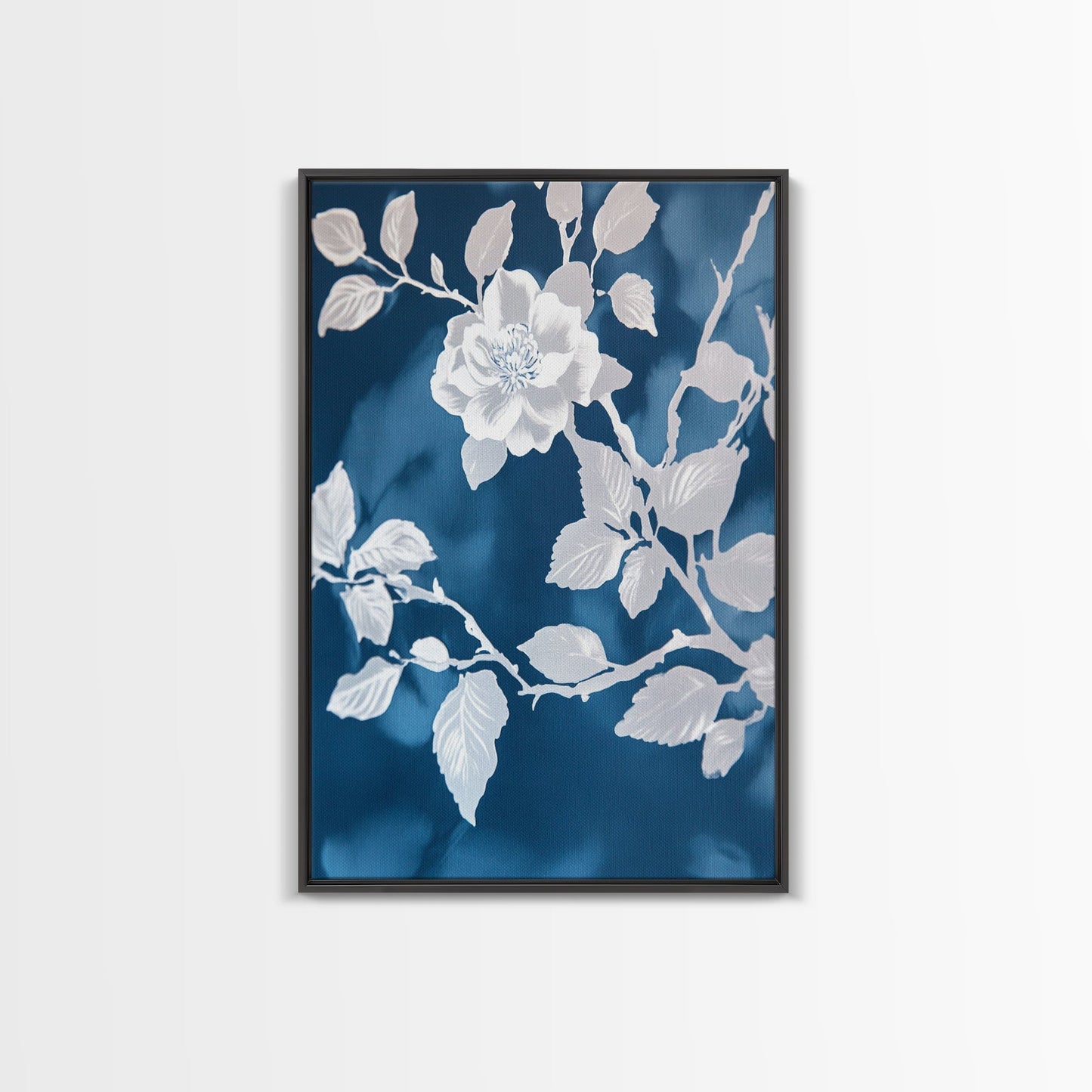 White Flowers on Blue Background Framed Canvas Print, Chinoiserie Wall Art, Boho Decor, Minimalist Wall Art, Boho Home Decor
