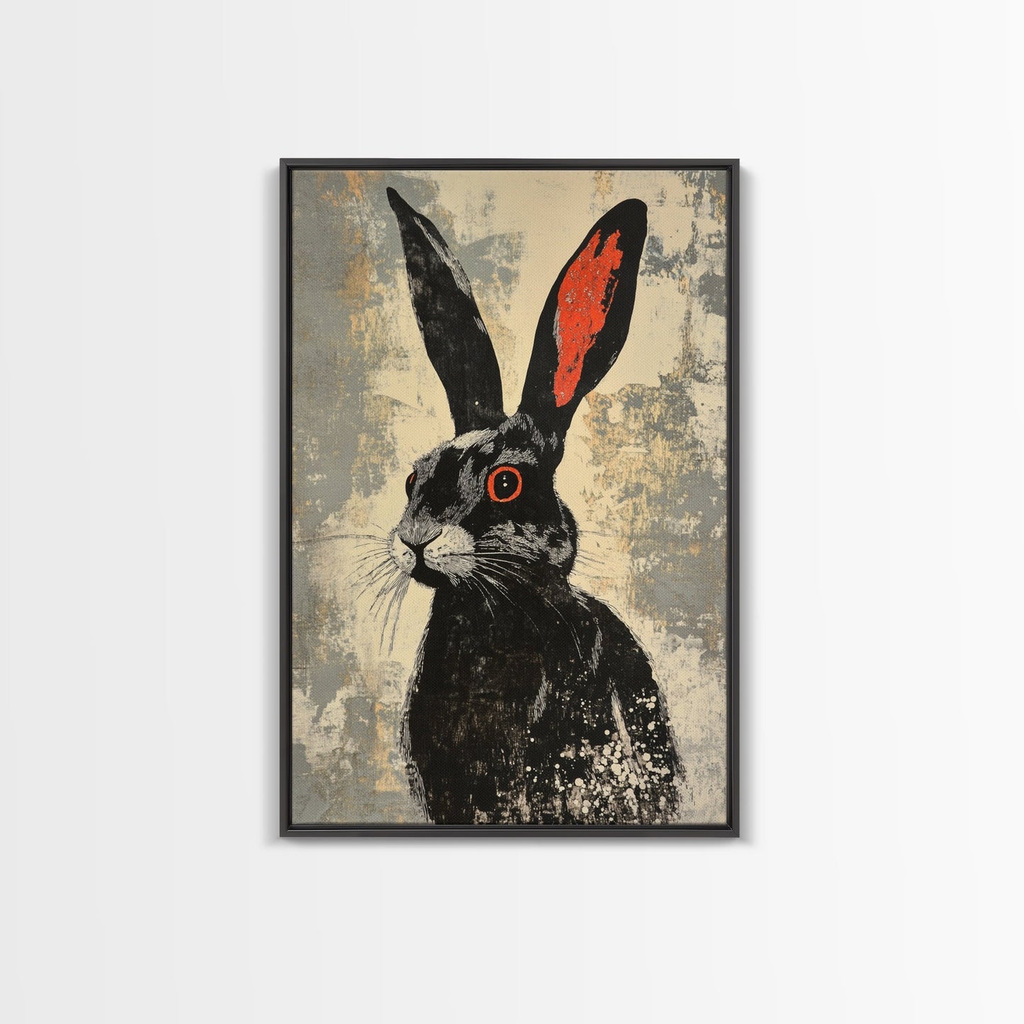 The Black Bunny, Framed Canvas Print Ready To Hang, Bunny Rabbit Art, Rabbit Painting, Minimalist Japanese Style Art