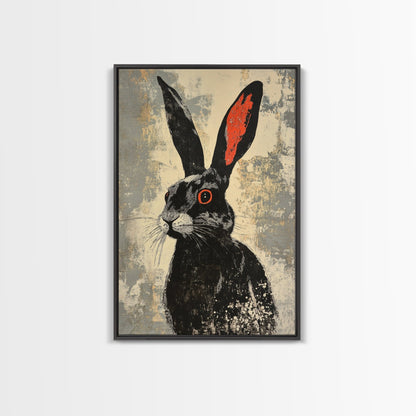 The Black Bunny, Framed Canvas Print Ready To Hang, Bunny Rabbit Art, Rabbit Painting, Minimalist Japanese Style Art